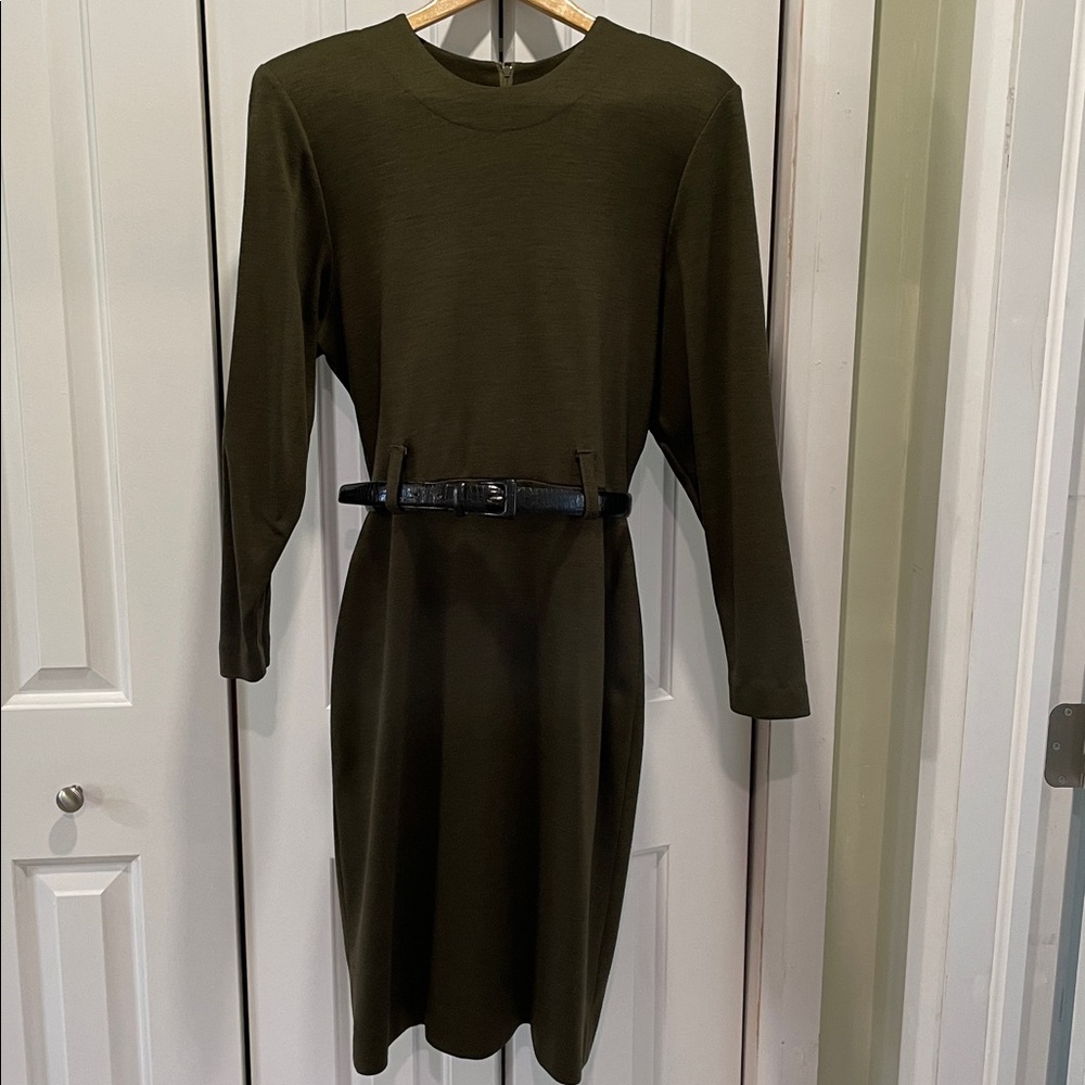 Olive Green Long Sleeve Wool Dress